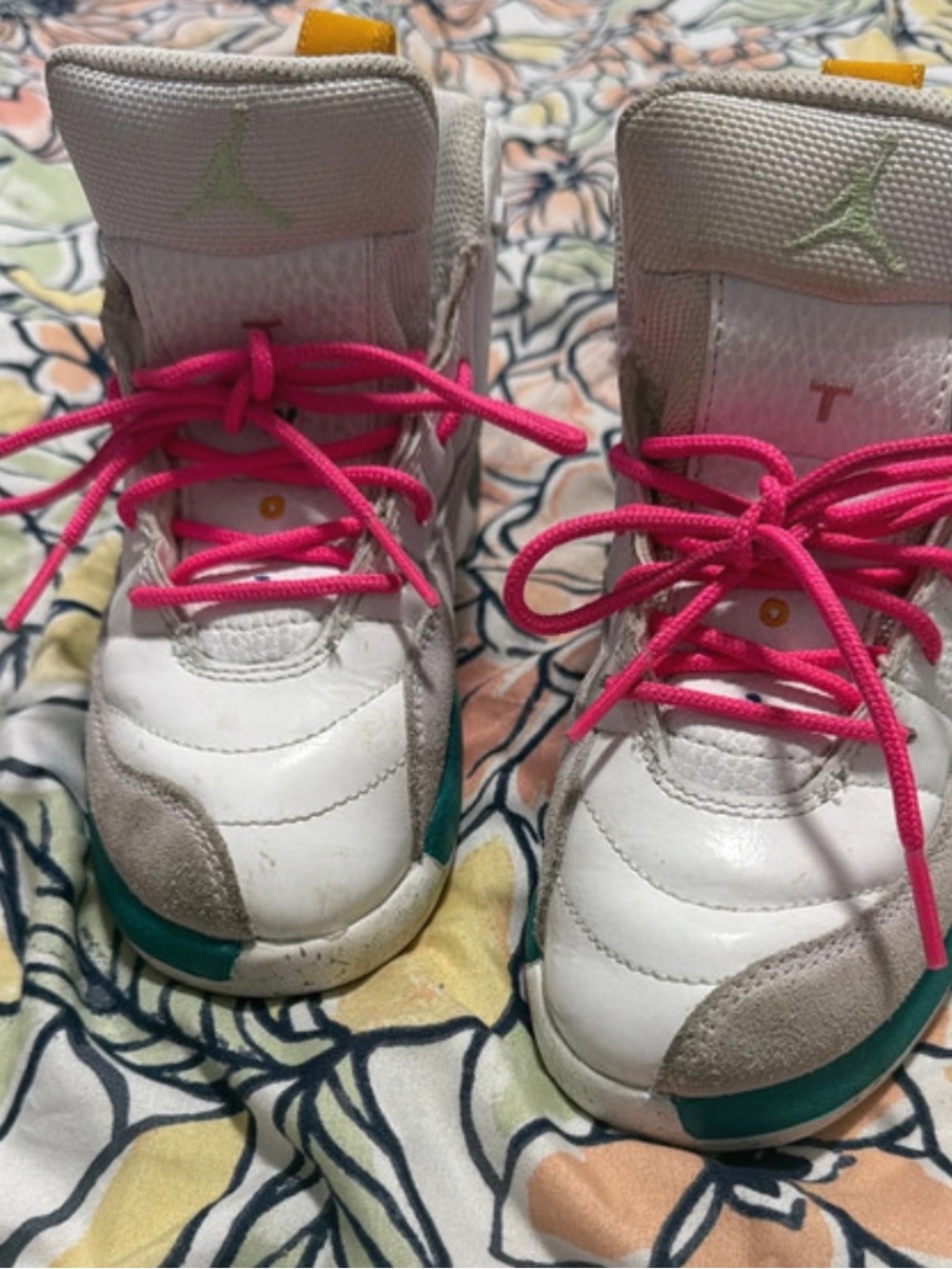 Jordan Kids White Sneakers with Hot Pink Laces and Teal Accents